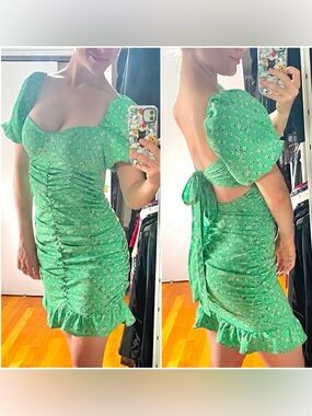Cottage Core Green Ditsy Floral Tie Back Dress Ruched Wiggle Dress PLT